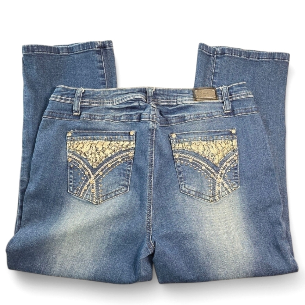 Earl Jeans Women's Distressed Denim Jeans Embellished Pockets Lace Size 16P